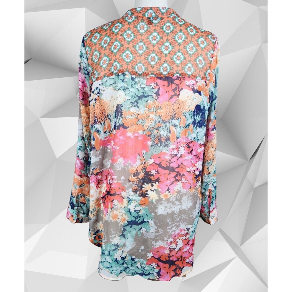 Olive Hill Womens Multicolor Floral Semi-Sheer Top Size M - Picture 2 of 4